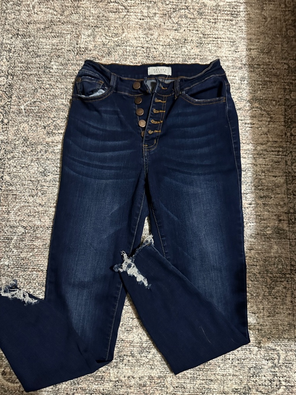 Dark Blue High-Rise Skinny Jeans with Button-Fly and Distressed Knee